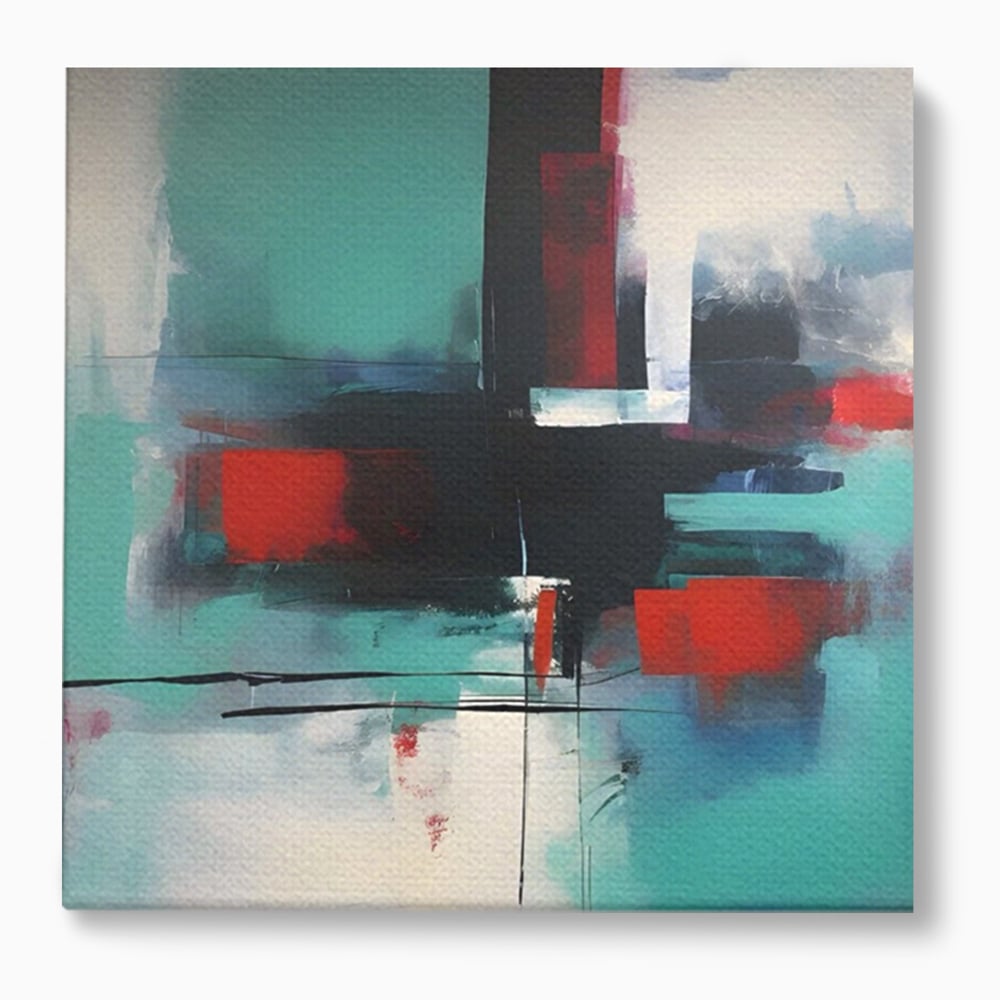 Tablou canvas cu pictura abstracta patrata cu pete rosii, fara rama, pe sasiu de lemn